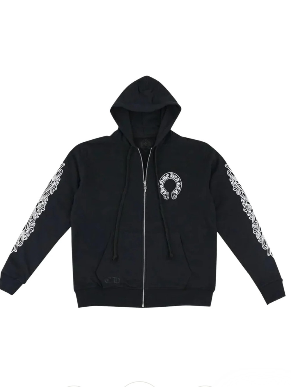 Chrome Hearts Black Zip-Up Hoodie with White Sleeve Artwork